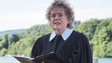 Taufgottesdienst am Badestrand in Brennet (Wehr); Lesung, Prädikantin Eva Maria Frommeyer